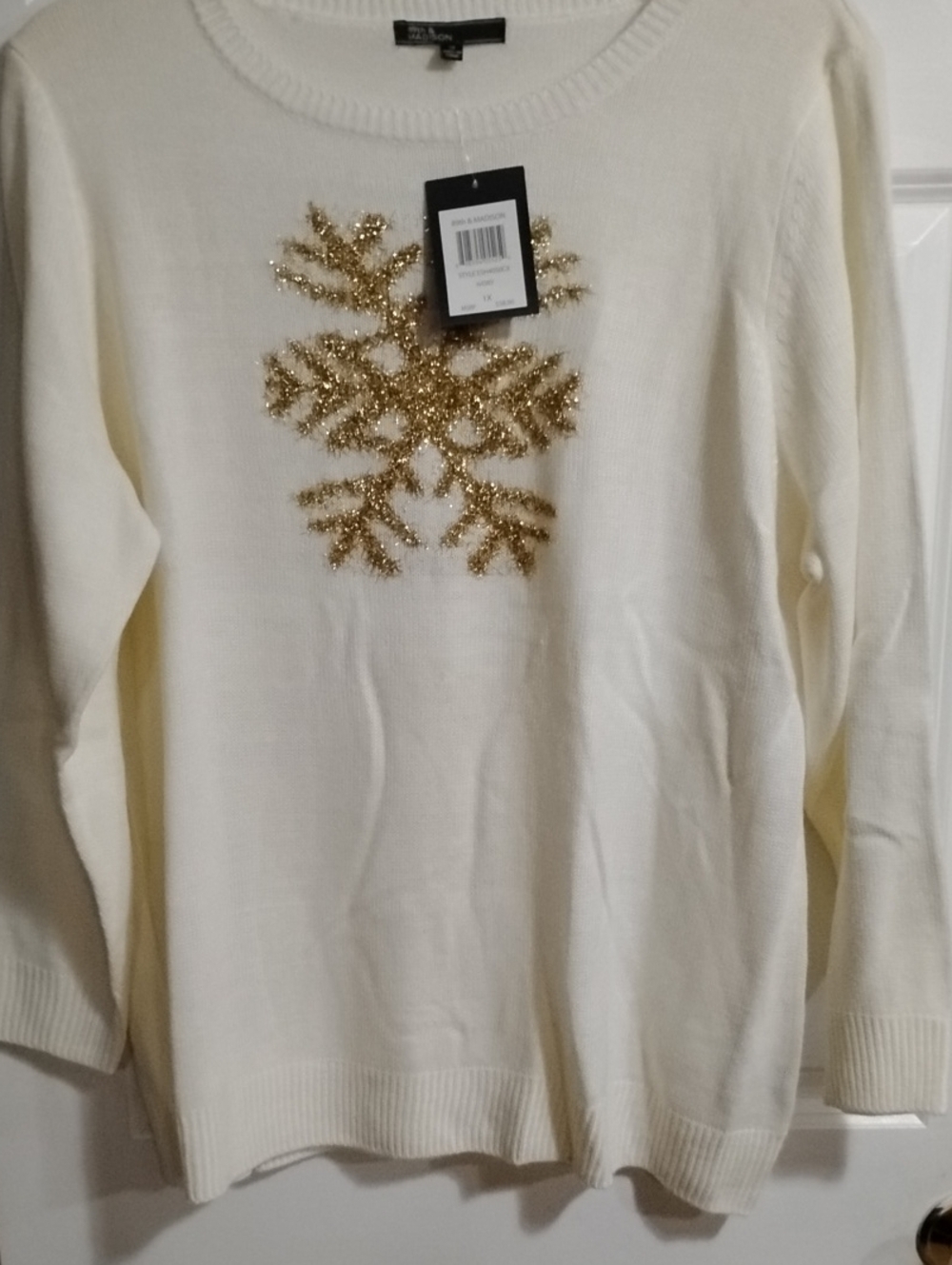 89th & Madison Cream Crewneck Sweater with Gold Snowflake
